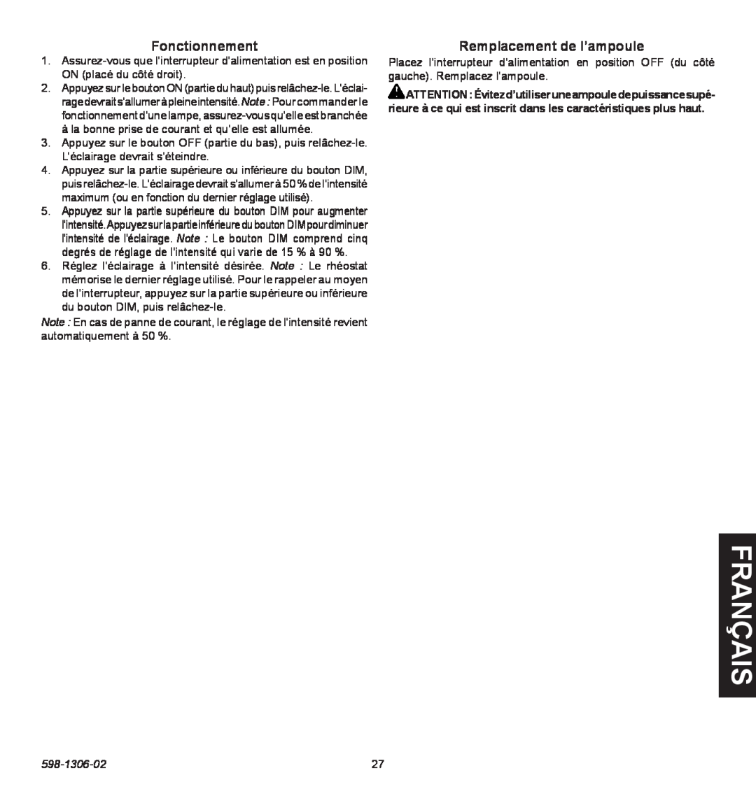 Heath Zenith 598-1306-02 manual is nça fra, Fonctionnement, Remplacement de l’ampoule 