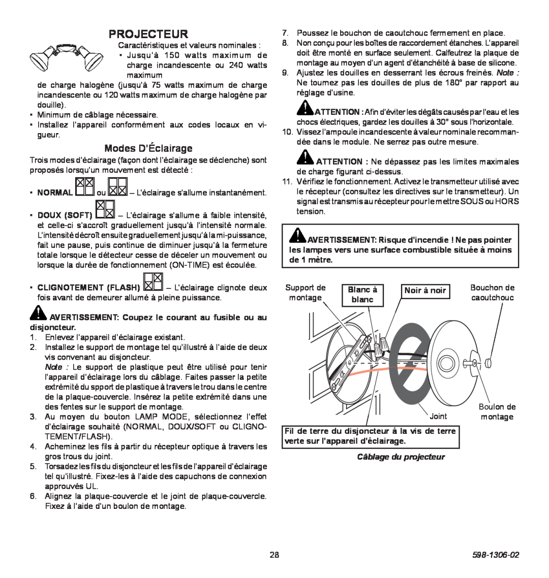 Heath Zenith 598-1306-02 manual Projecteur, Modes D’Éclairage, Câblage du projecteur 