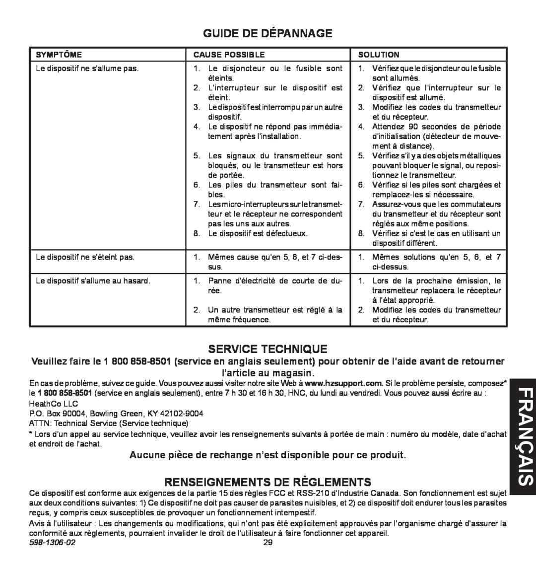 Heath Zenith 598-1306-02 manual is nça fra, Guide De Dépannage, Service Technique, Renseignements de règlements 