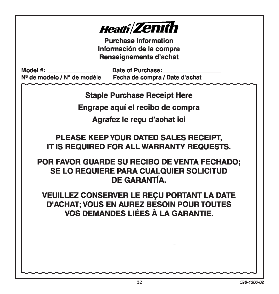 Heath Zenith 598-1306-02 manual Staple Purchase Receipt Here 
