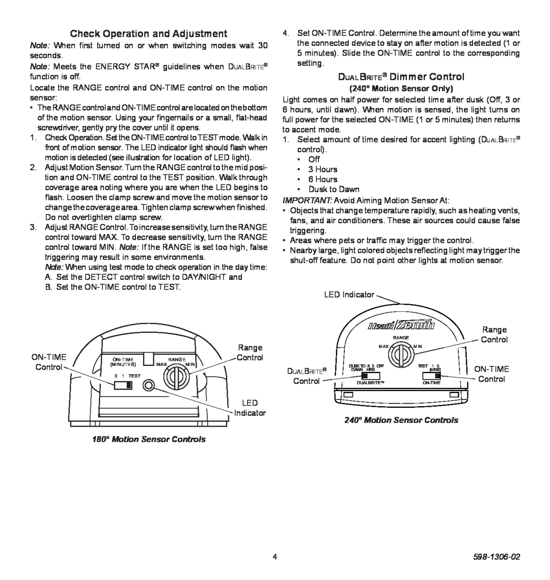 Heath Zenith 598-1306-02 manual Check Operation and Adjustment, DualBrite Dimmer Control, Motion Sensor Controls 