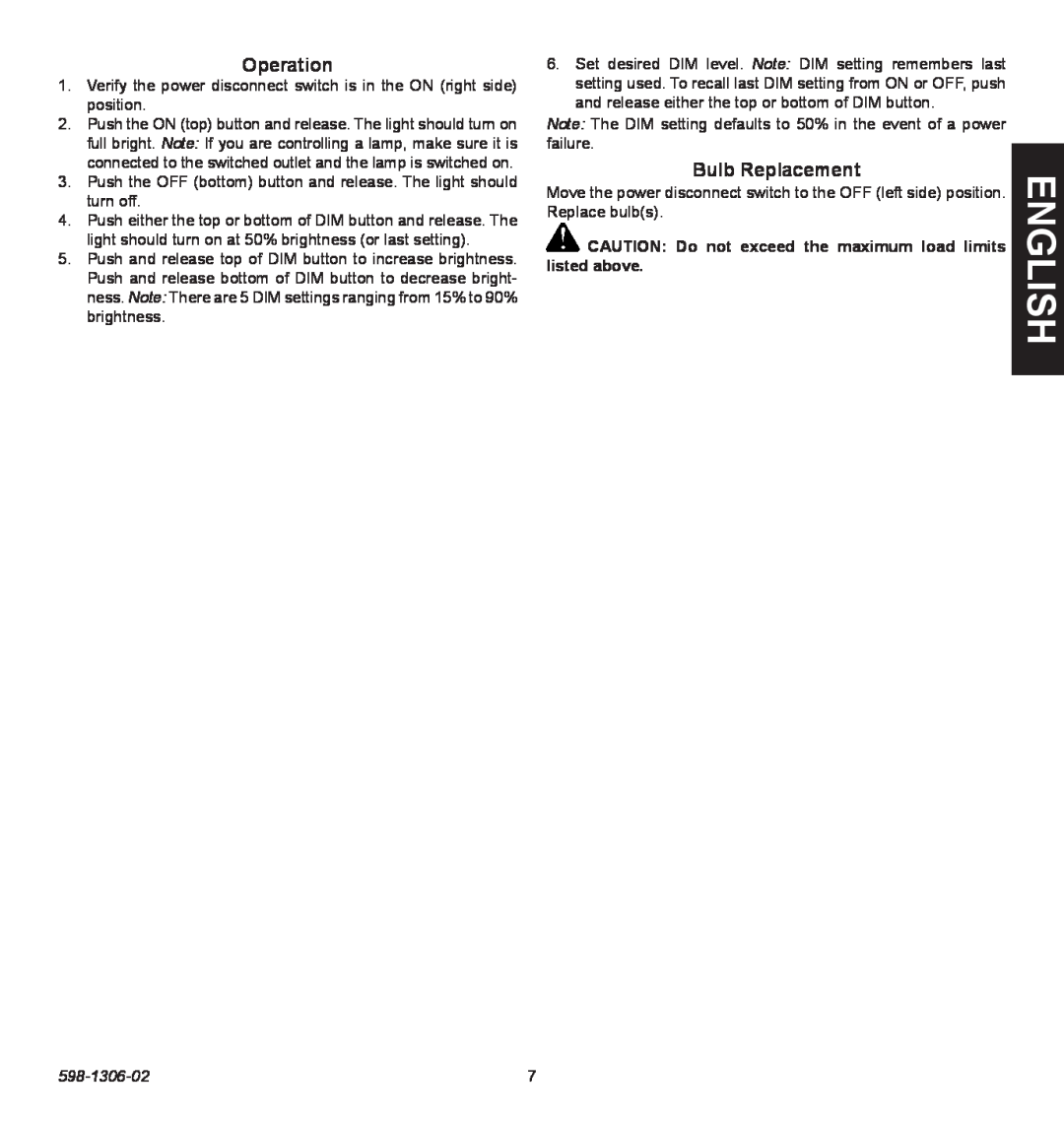 Heath Zenith 598-1306-02 manual English, Operation, Bulb Replacement 