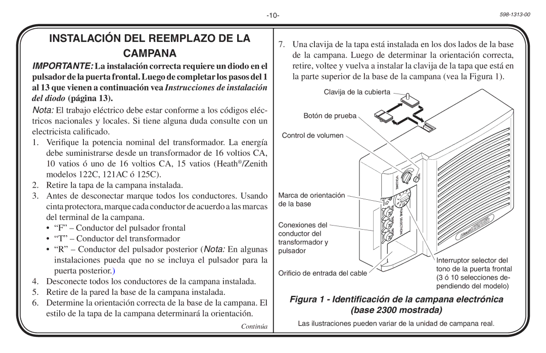 Heath Zenith 598-1313-00 manual Instalación DEL Reemplazo DE LA Campana 