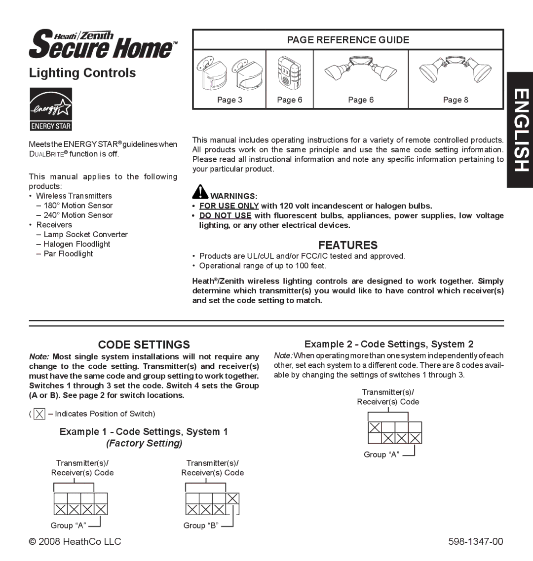 Heath Zenith 598-1347-00 operating instructions Features, Example 1 Code Settings, System 