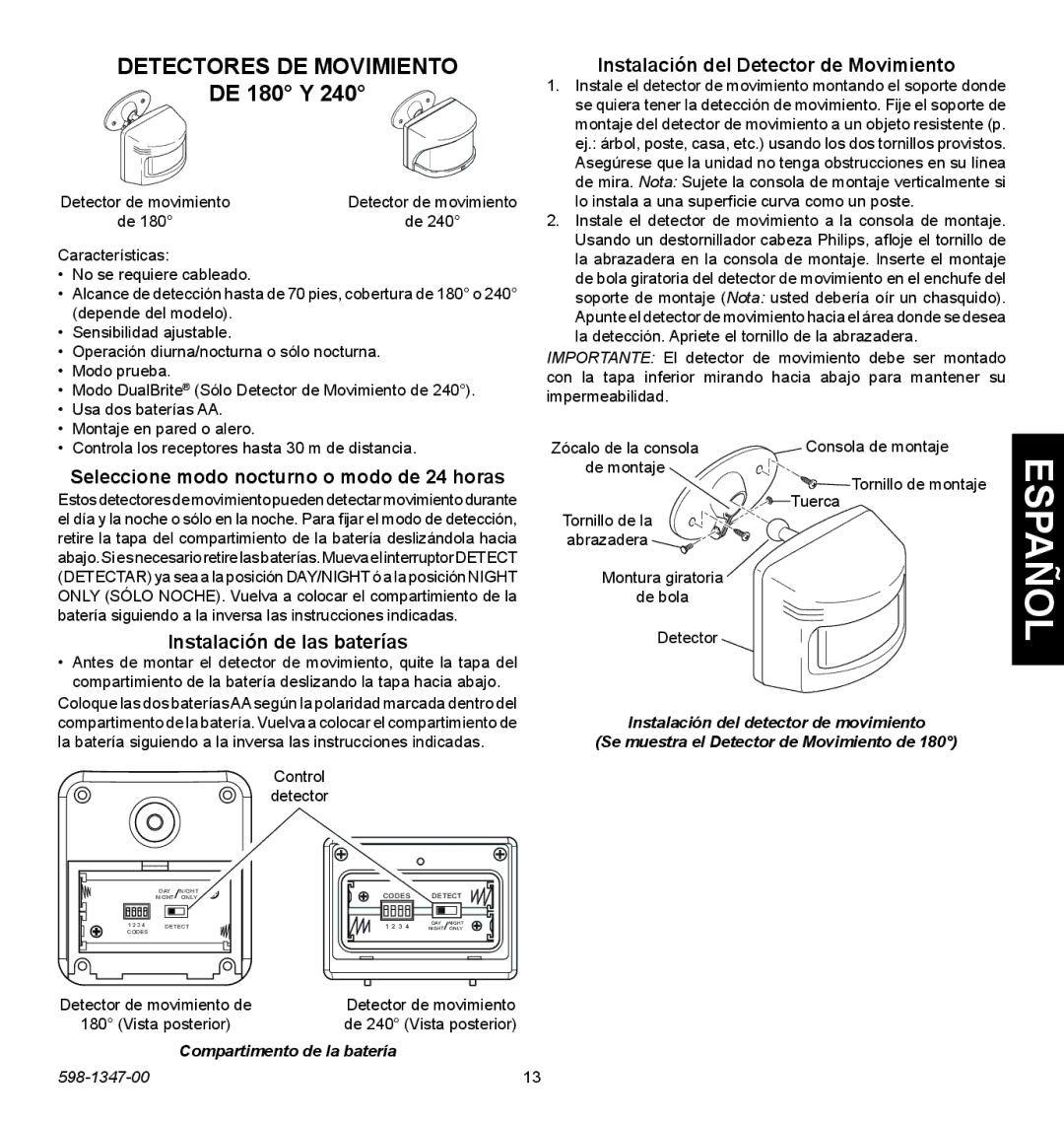 Heath Zenith 598-1347-00 Detectores DE Movimiento DE 180 Y, Seleccione modo nocturno o modo de 24 horas 