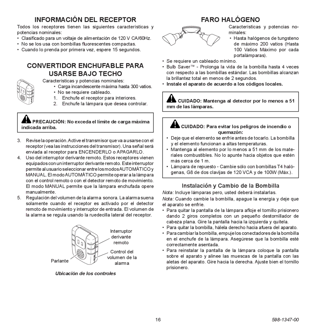 Heath Zenith 598-1347-00 Información DEL Receptor, Convertidor enchufable para Usarse bajo techo, Faro halógeno 