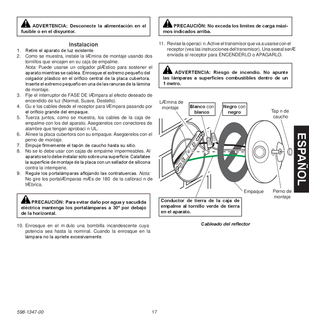 Heath Zenith 598-1347-00 operating instructions Instalacion, Cableado del reflector 