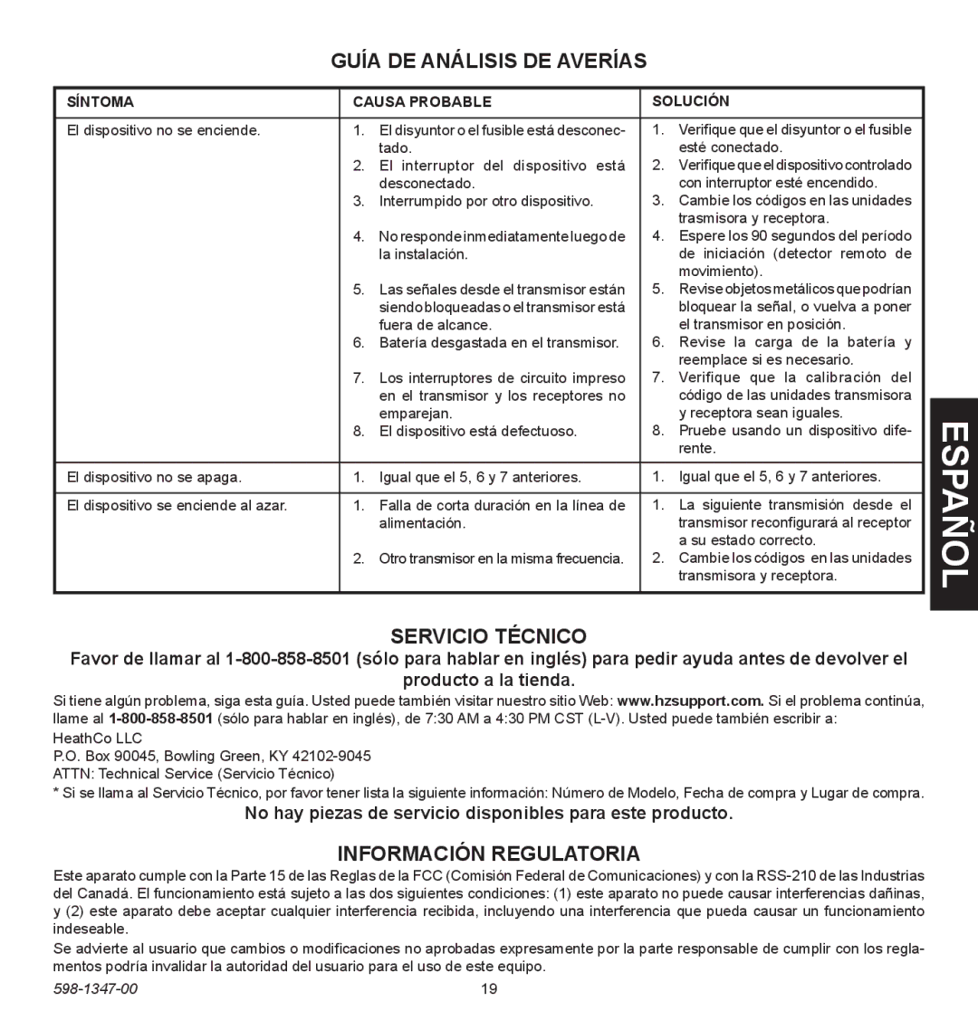 Heath Zenith 598-1347-00 operating instructions Guía de Análisis de Averías, Servicio Técnico, Información Regulatoria 