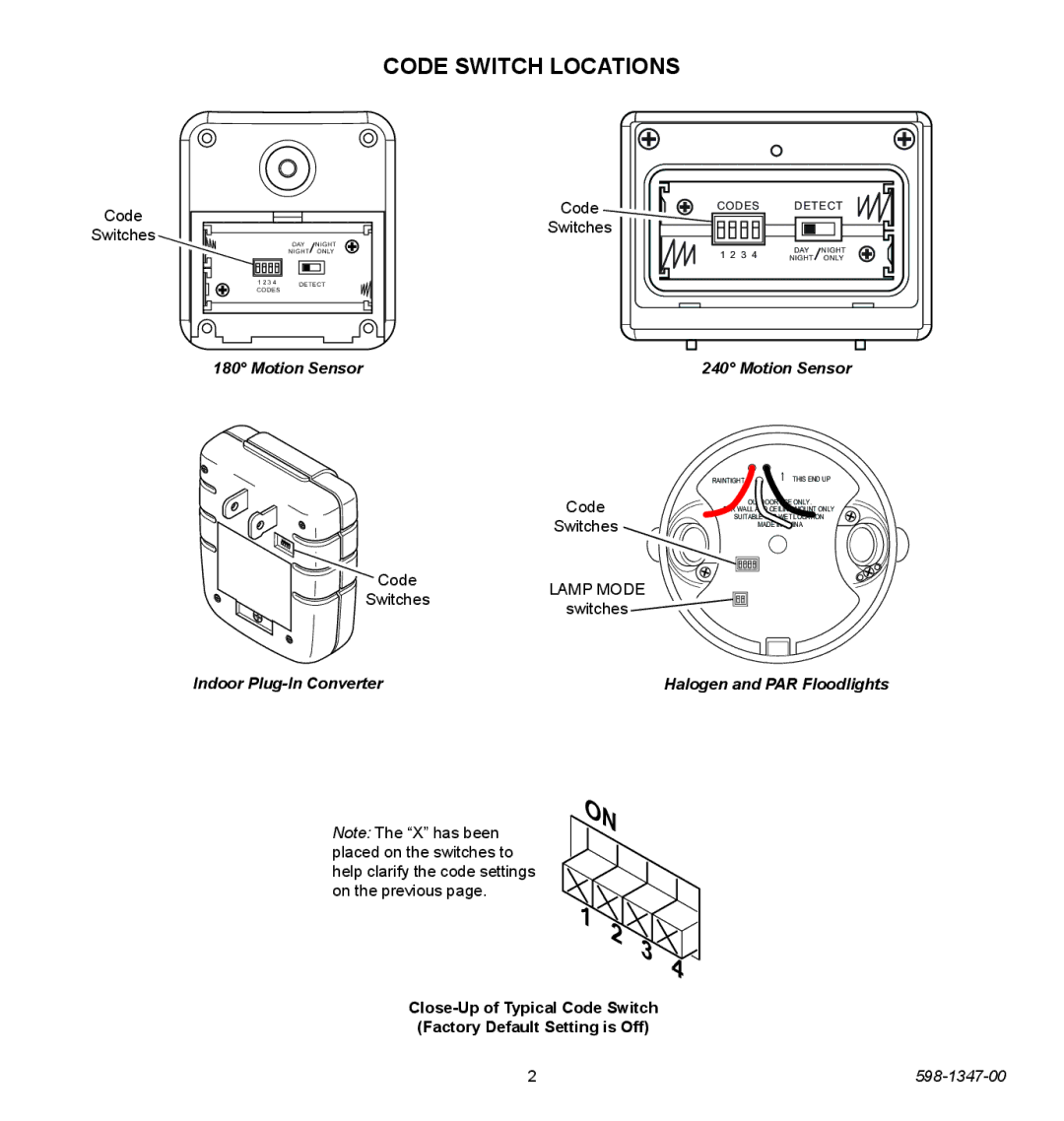 Heath Zenith 598-1347-00 operating instructions Code Switch Locations, Code Switches, Motion Sensor 