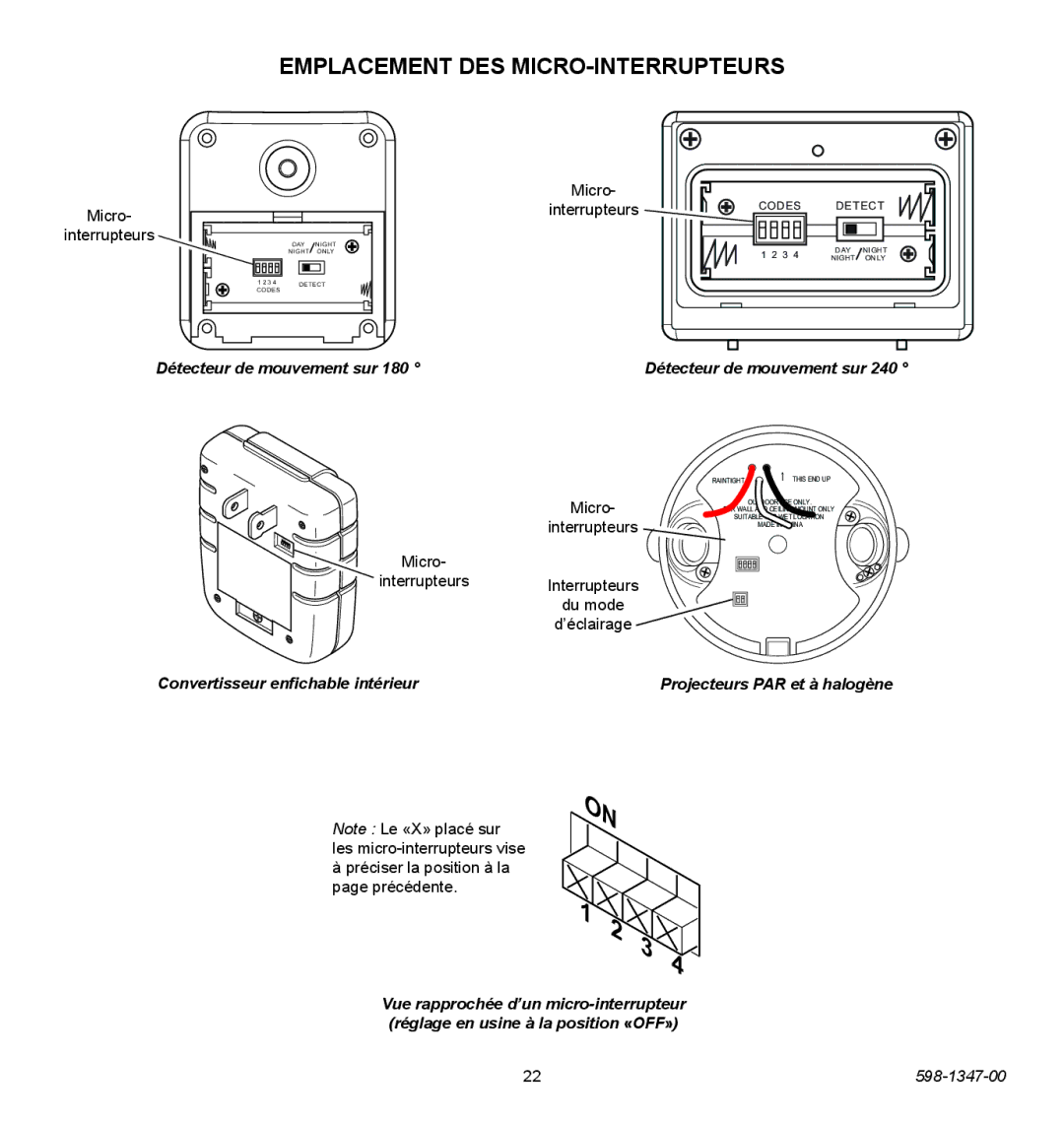 Heath Zenith 598-1347-00 operating instructions Emplacement DES MICRO-INTERRUPTEURS, Détecteur de mouvement sur 