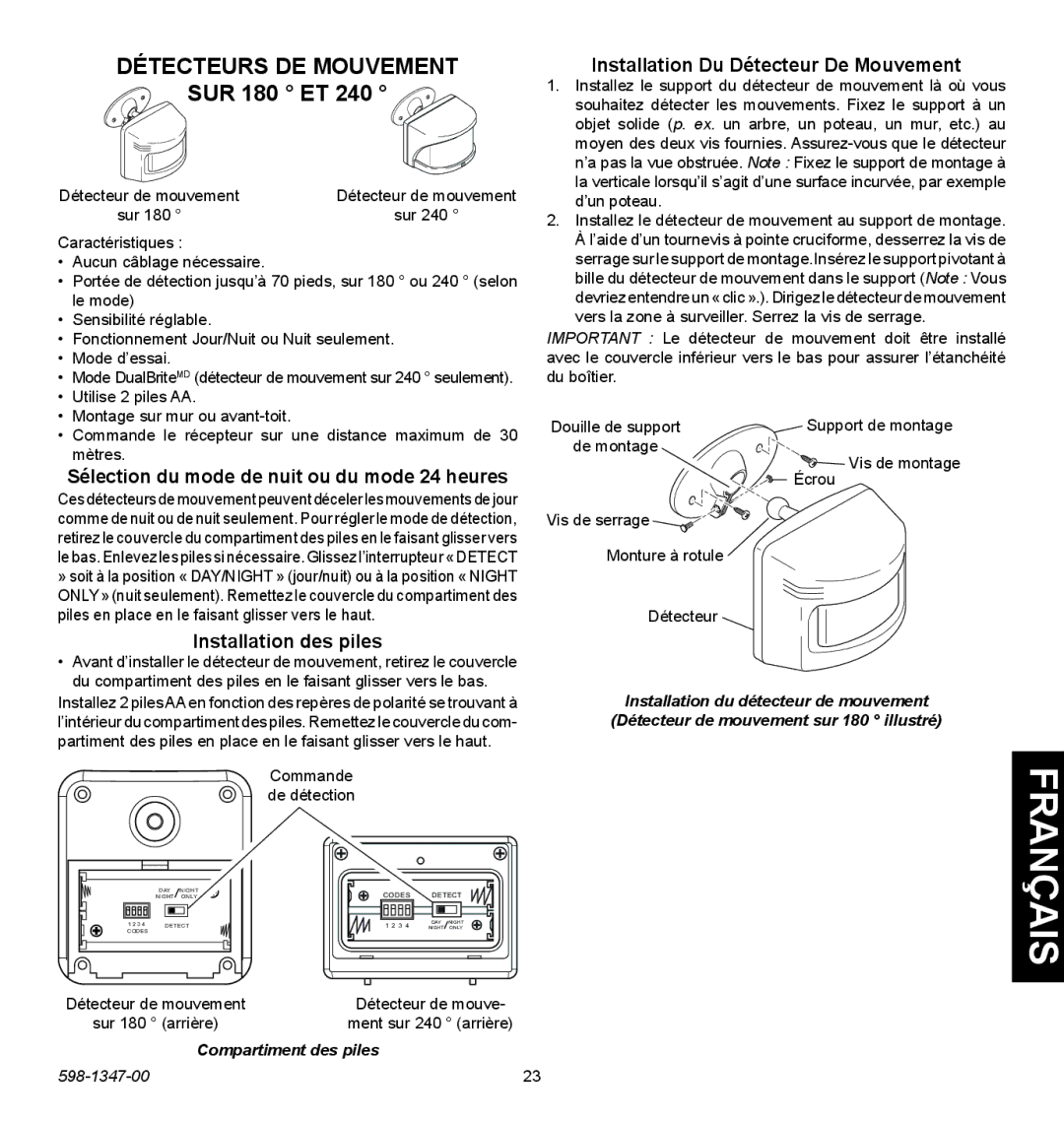 Heath Zenith 598-1347-00 operating instructions Détecteurs DE Mouvement SUR 180 ET, Installation Du Détecteur De Mouvement 