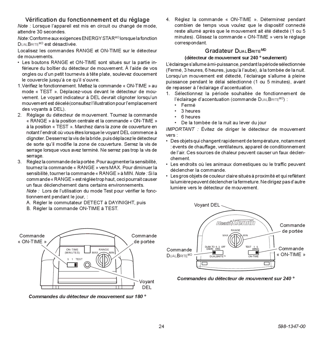 Heath Zenith 598-1347-00 operating instructions Vérification du fonctionnement et du réglage, Gradateur DualBriteMD 