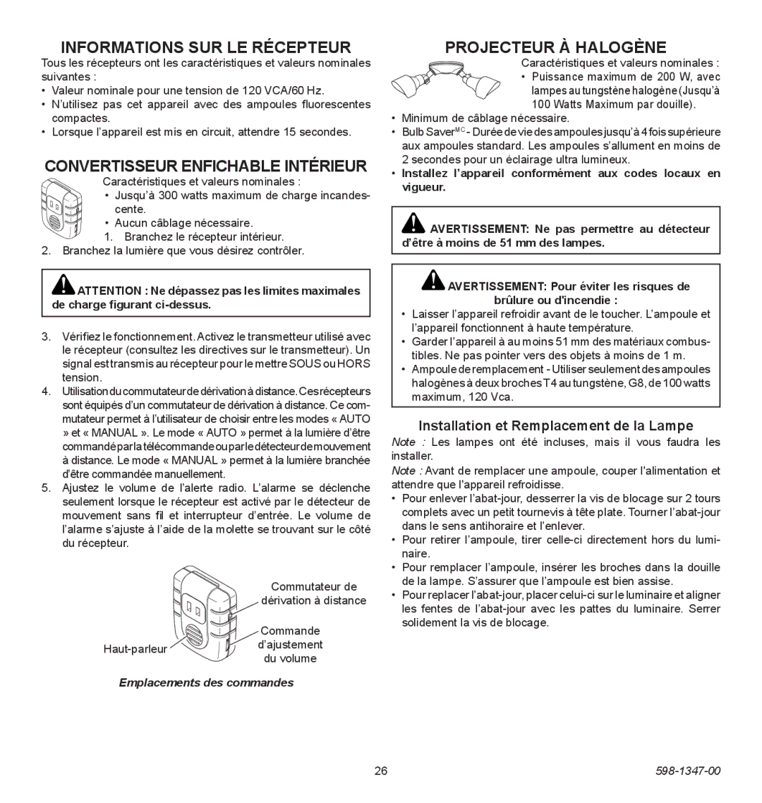 Heath Zenith 598-1347-00 Informations SUR LE Récepteur, Convertisseur enfichable intérieur, Projecteur à halogène 