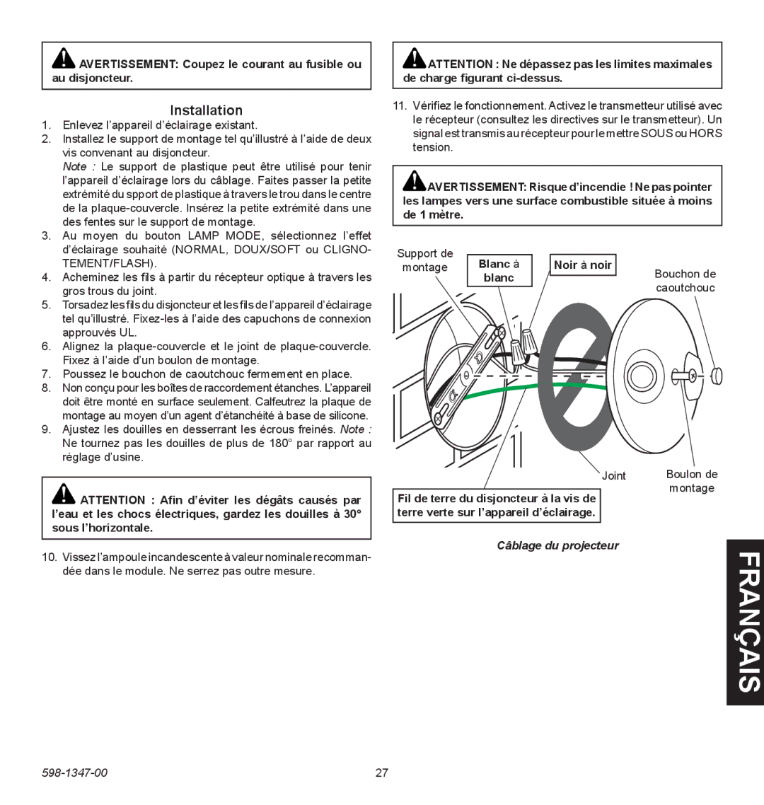 Heath Zenith 598-1347-00 operating instructions Blanc à Noir à noir, Câblage du projecteur 