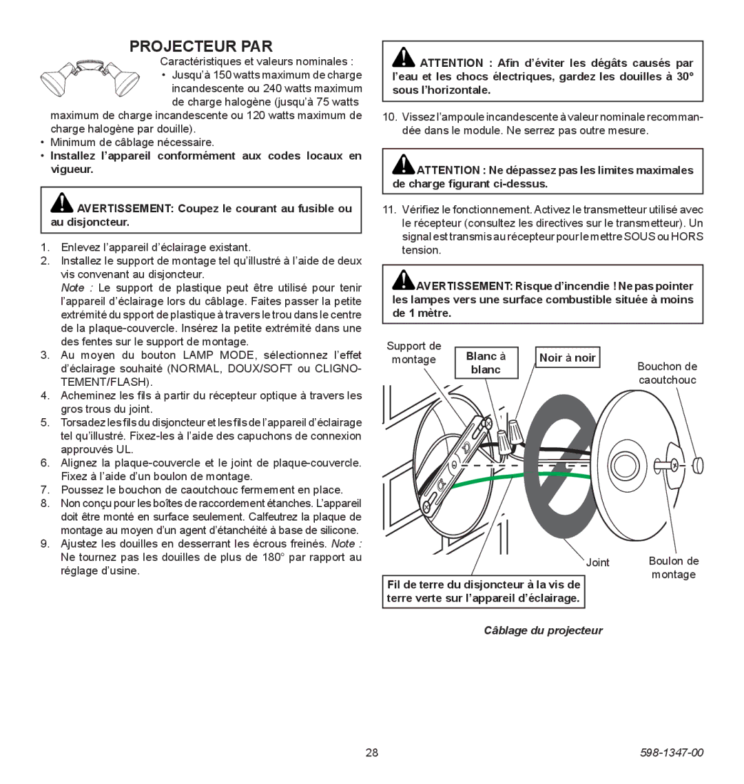 Heath Zenith 598-1347-00 operating instructions Projecteur PAR 