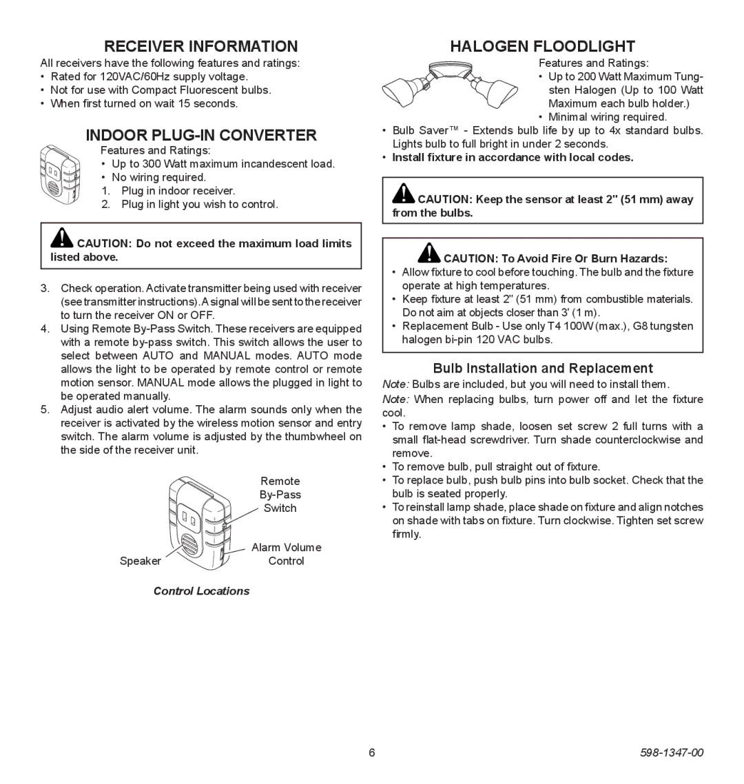 Heath Zenith 598-1347-00 Receiver Information, Indoor Plug-In Converter, Halogen FloodLight, Control Locations 