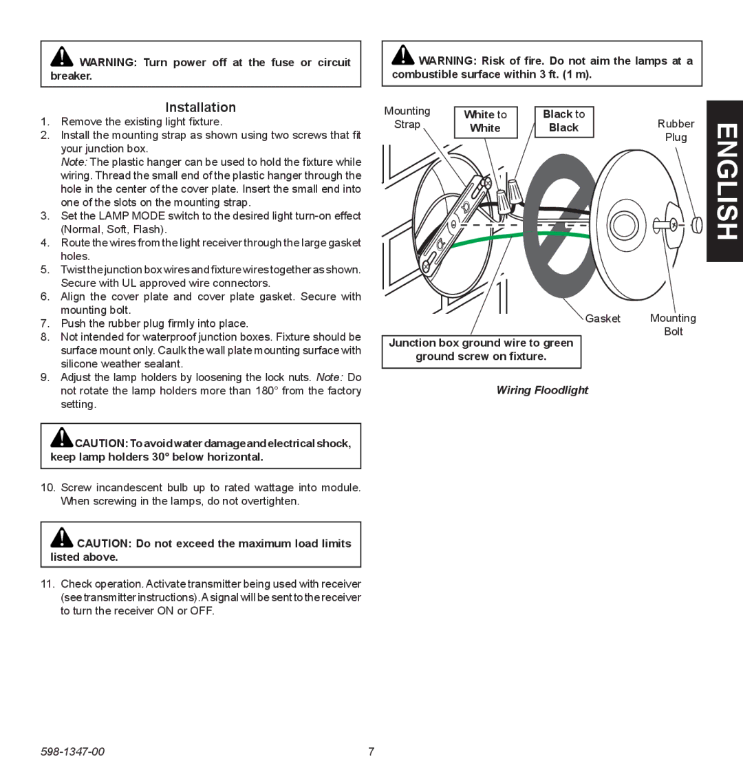 Heath Zenith 598-1347-00 operating instructions Installation, White, Gasket Mounting Bolt, Wiring Floodlight 