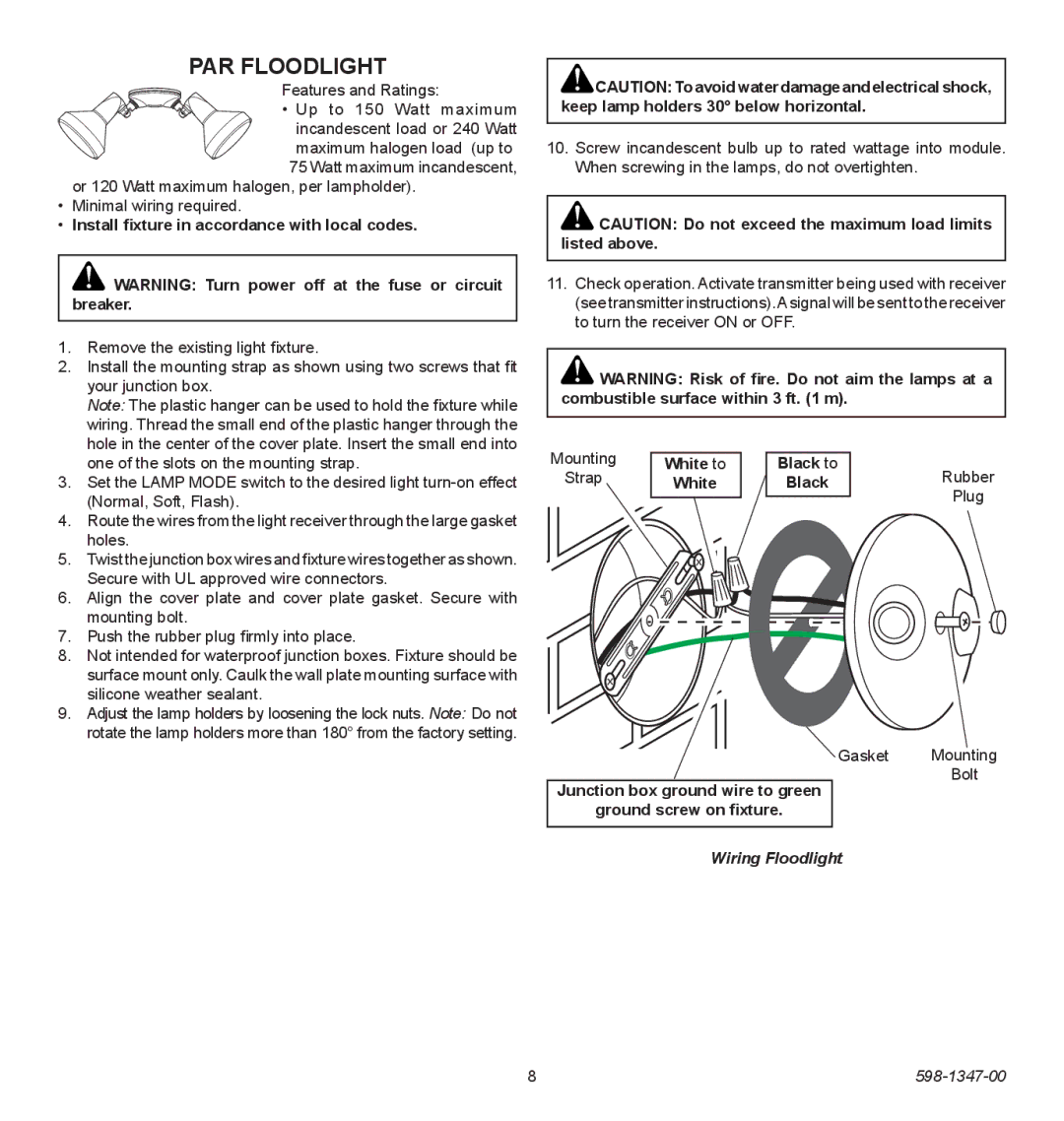 Heath Zenith 598-1347-00 operating instructions PAR Floodlight 