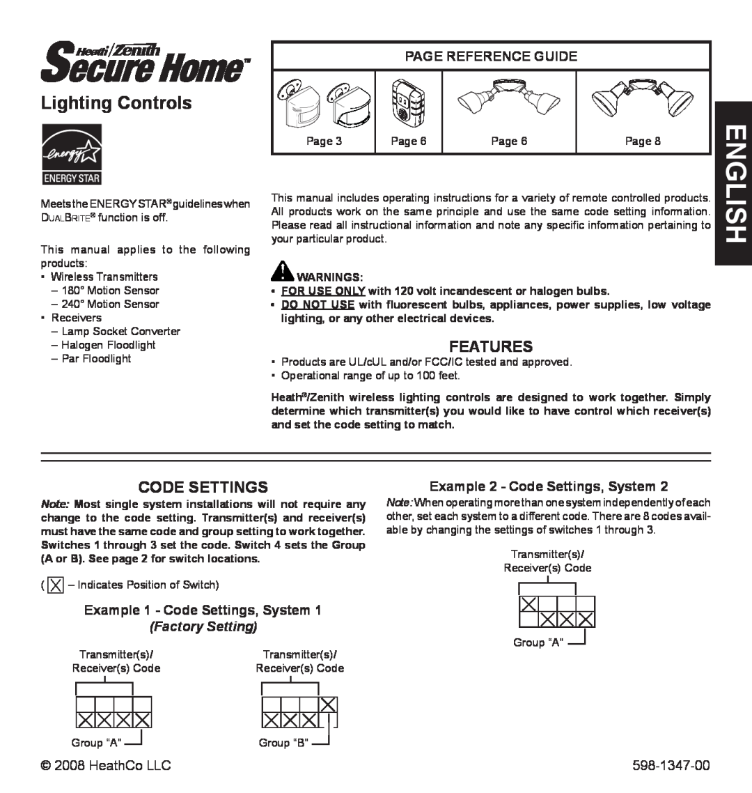 Heath Zenith 598-1347-00 operating instructions English, Lighting Controls, Features, Code Settings, Page Reference Guide 