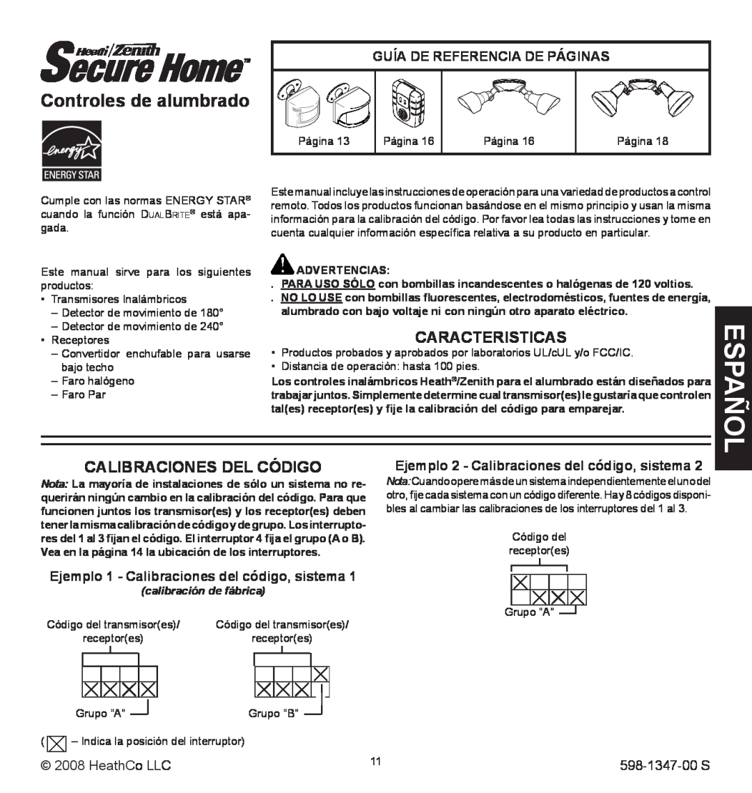 Heath Zenith 598-1347-00 Controles de alumbrado, Calibraciones Del Código, Guía De Referencia De Páginas, HeathCo LLC 