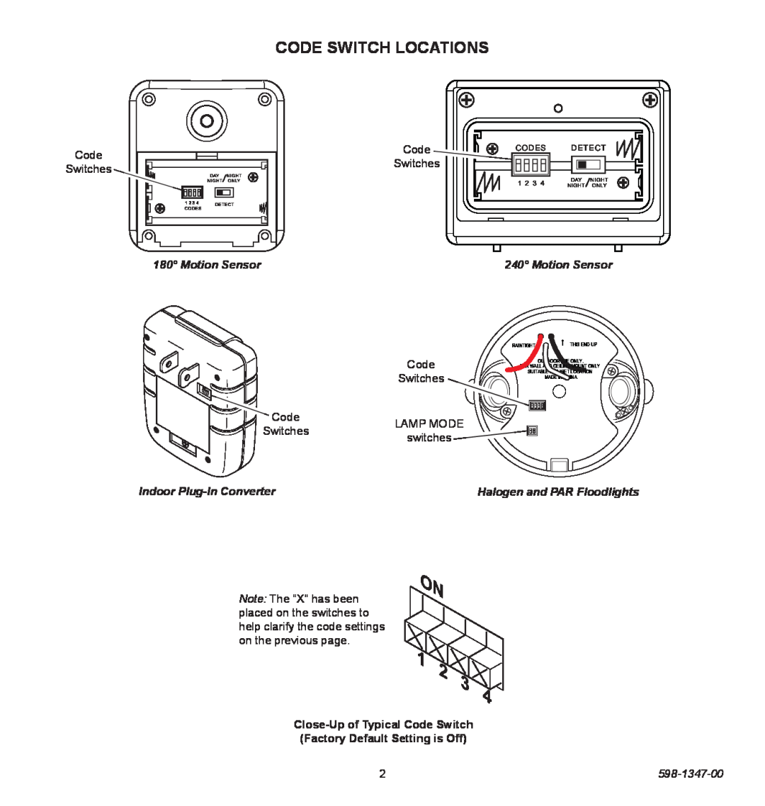 Heath Zenith 598-1347-00 Code Switch Locations, Motion Sensor, Indoor Plug-InConverter, Halogen and PAR Floodlights, Codes 