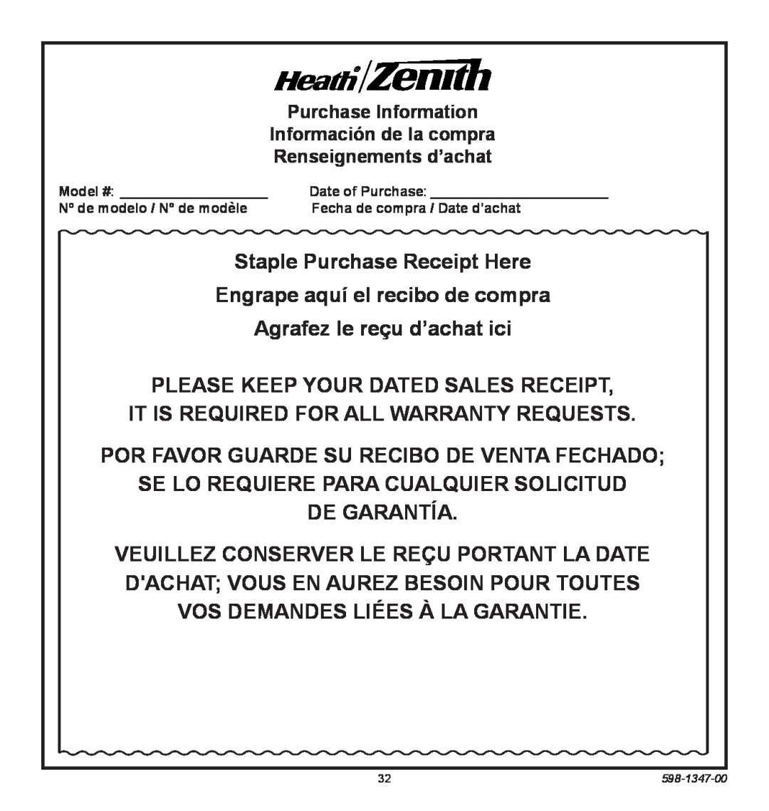 Heath Zenith 598-1347-00 operating instructions Staple Purchase Receipt Here 