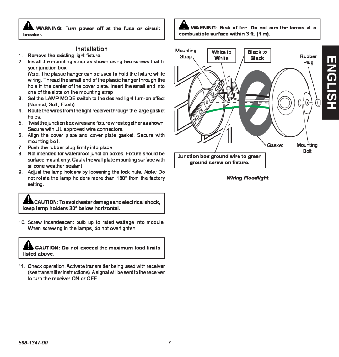 Heath Zenith 598-1347-00 operating instructions English, Installation, Wiring Floodlight 