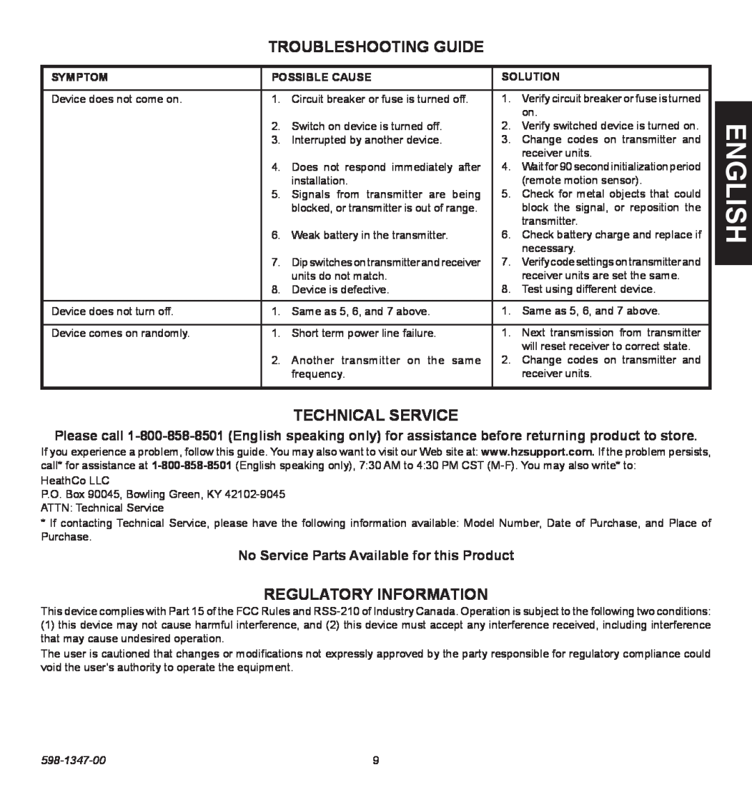 Heath Zenith 598-1347-00 operating instructions Troubleshooting Guide, Technical Service, Regulatory Information 