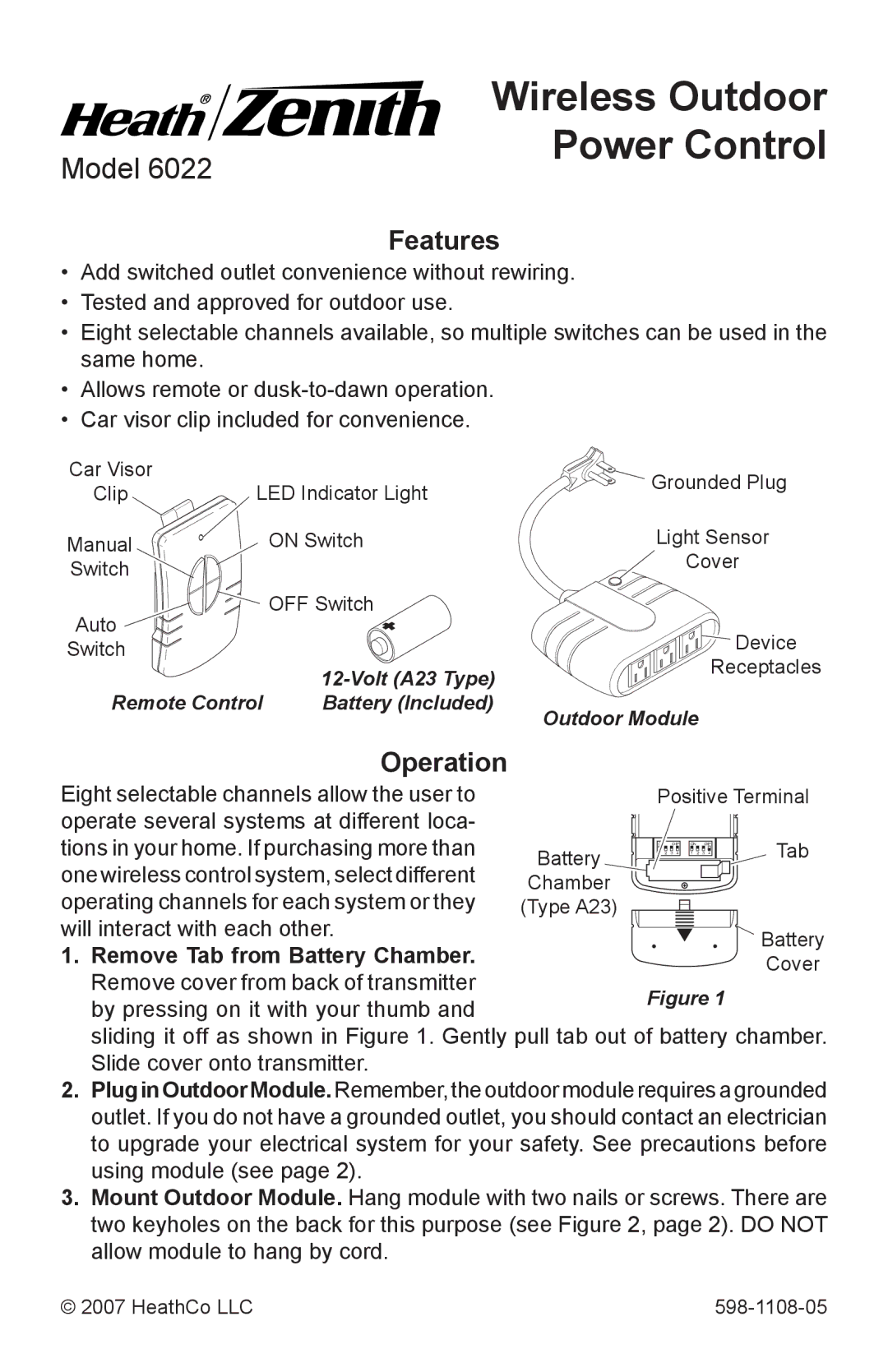 Heath Zenith 6022 manual Features, Operation, Remove Tab from Battery Chamber 