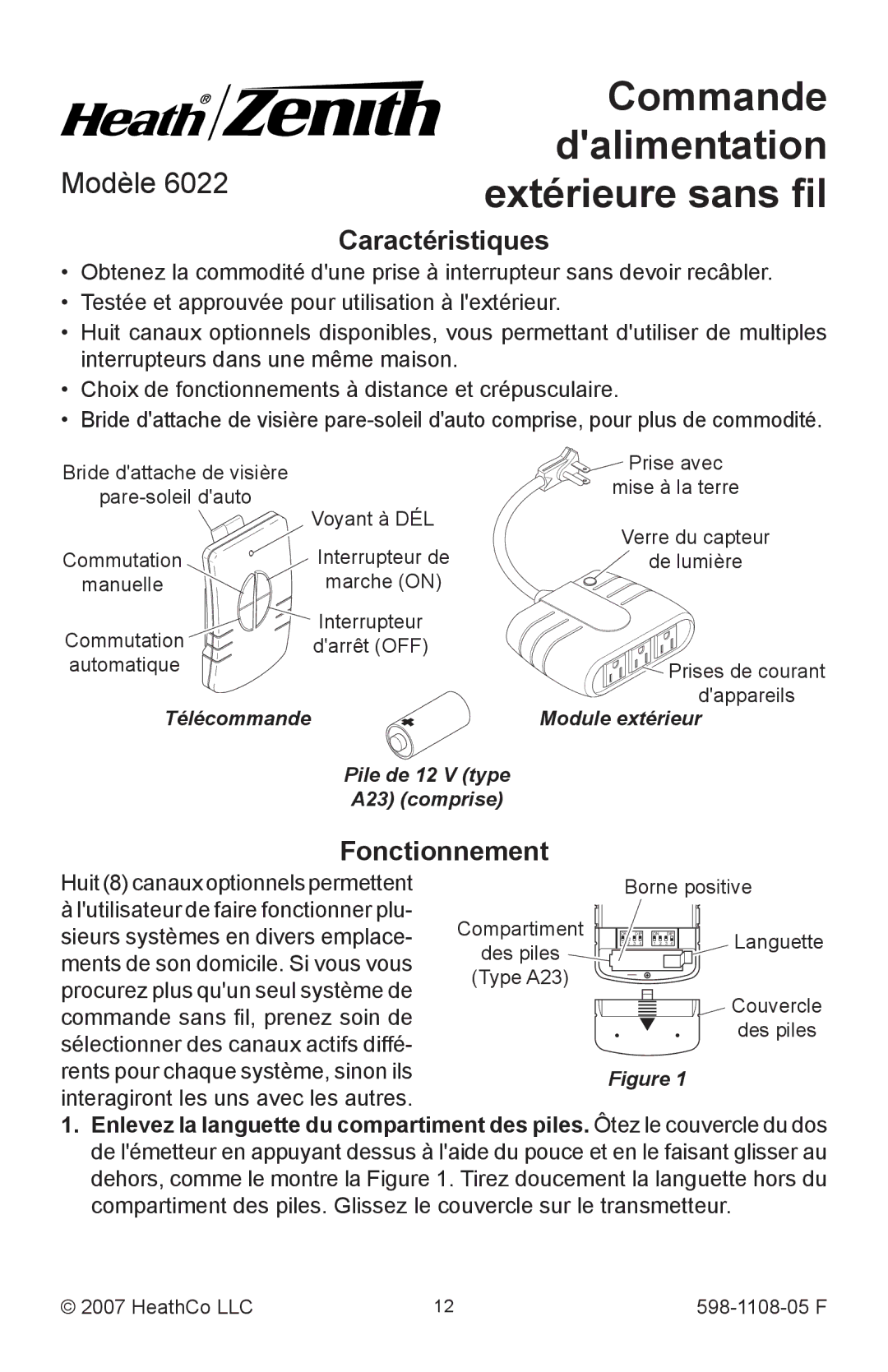 Heath Zenith 6022 manual Caractéristiques, Fonctionnement 