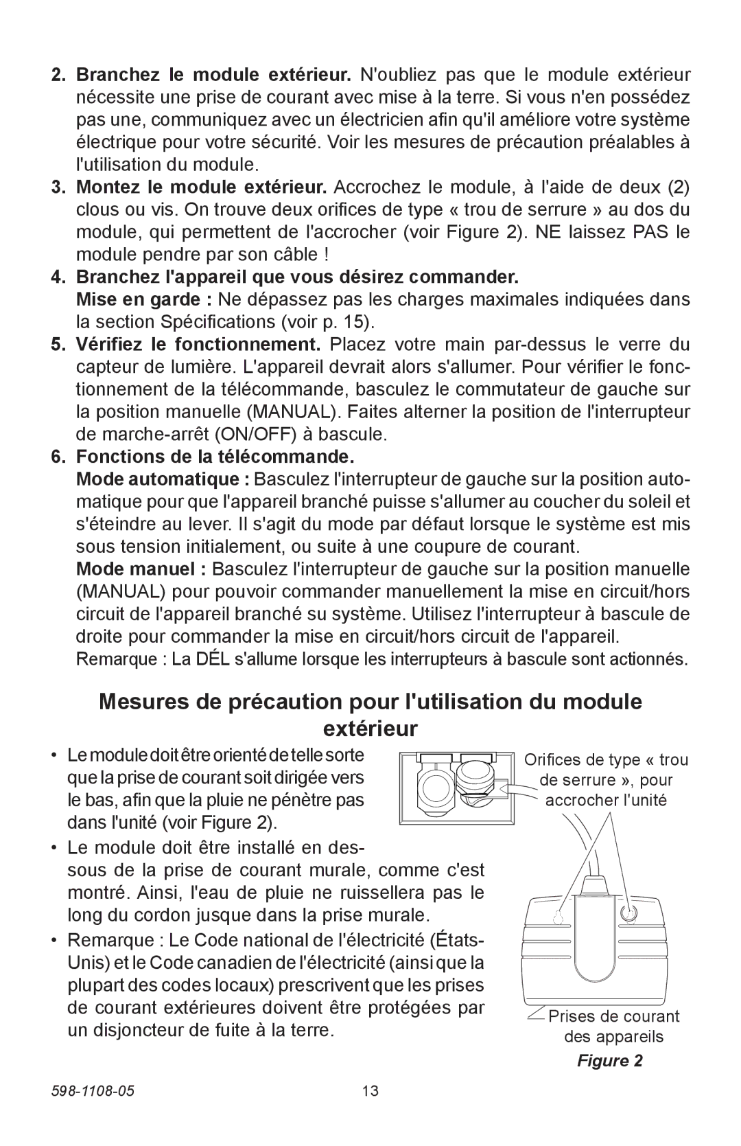 Heath Zenith 6022 manual Mesures de précaution pour lutilisation du module Extérieur, Fonctions de la télécommande 