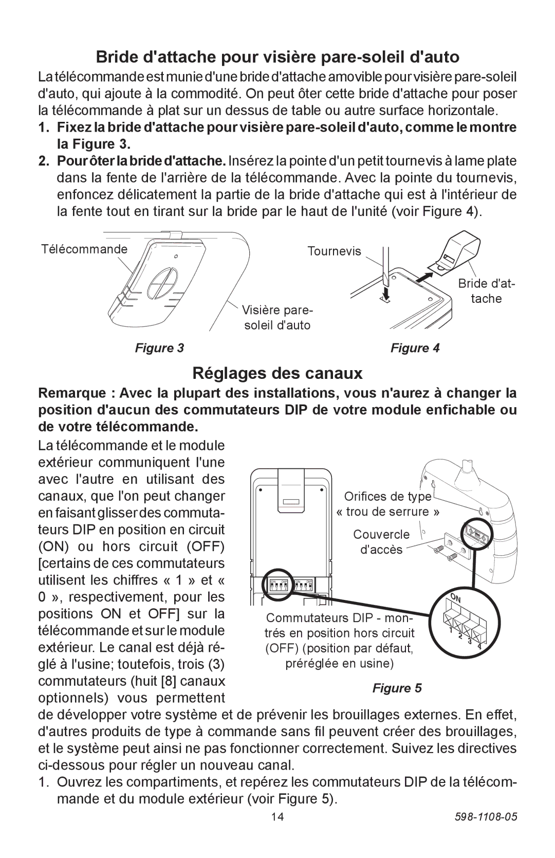 Heath Zenith 6022 manual Bride dattache pour visière pare-soleil dauto, Réglages des canaux 