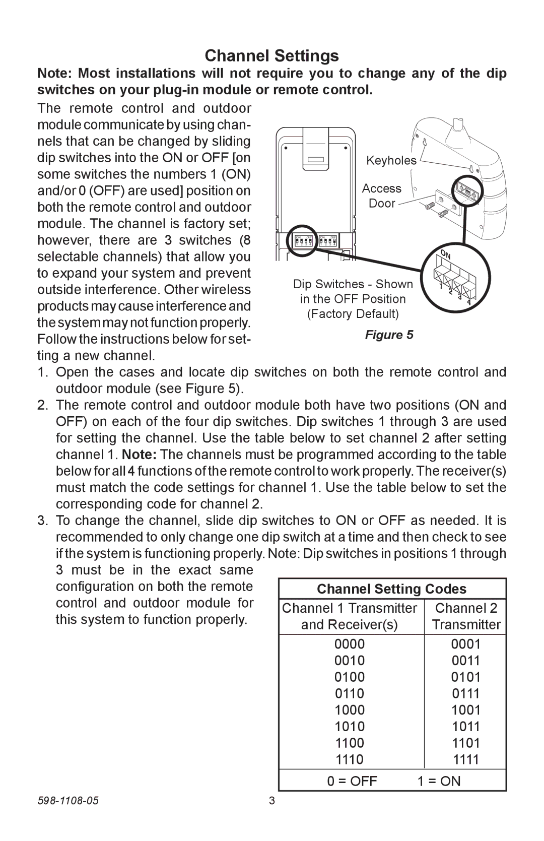 Heath Zenith 6022 manual Channel Settings 