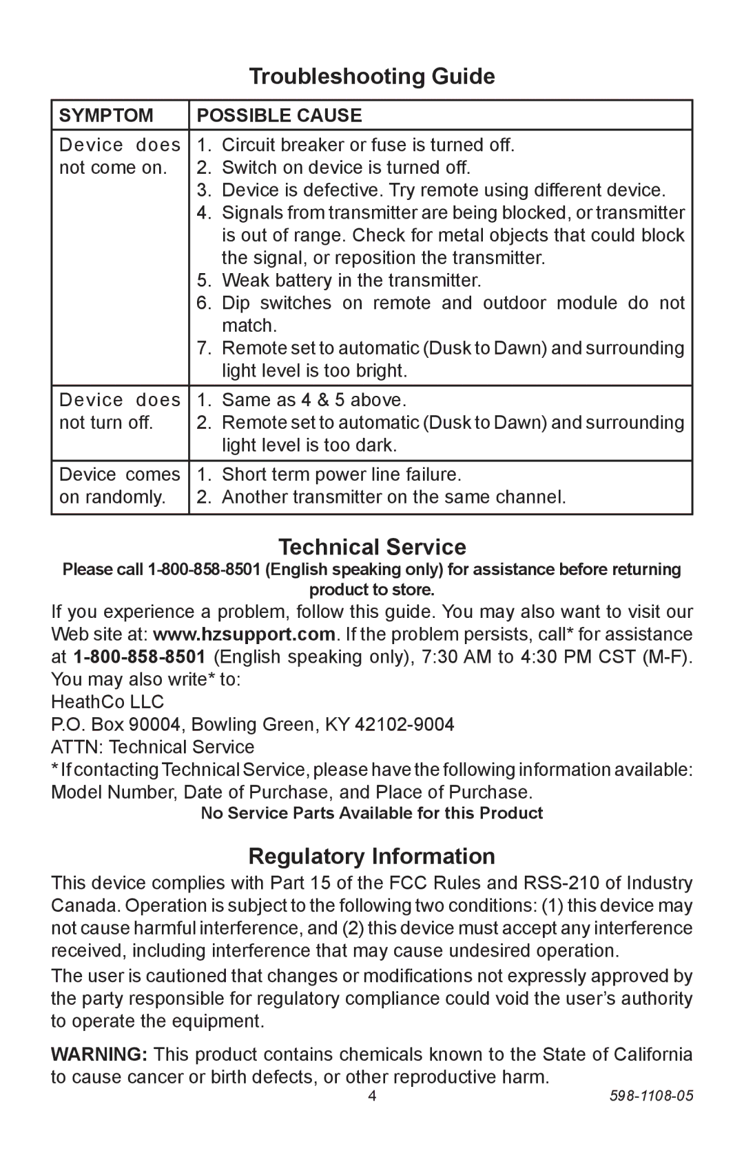 Heath Zenith 6022 manual Troubleshooting Guide, Technical Service, Regulatory Information 