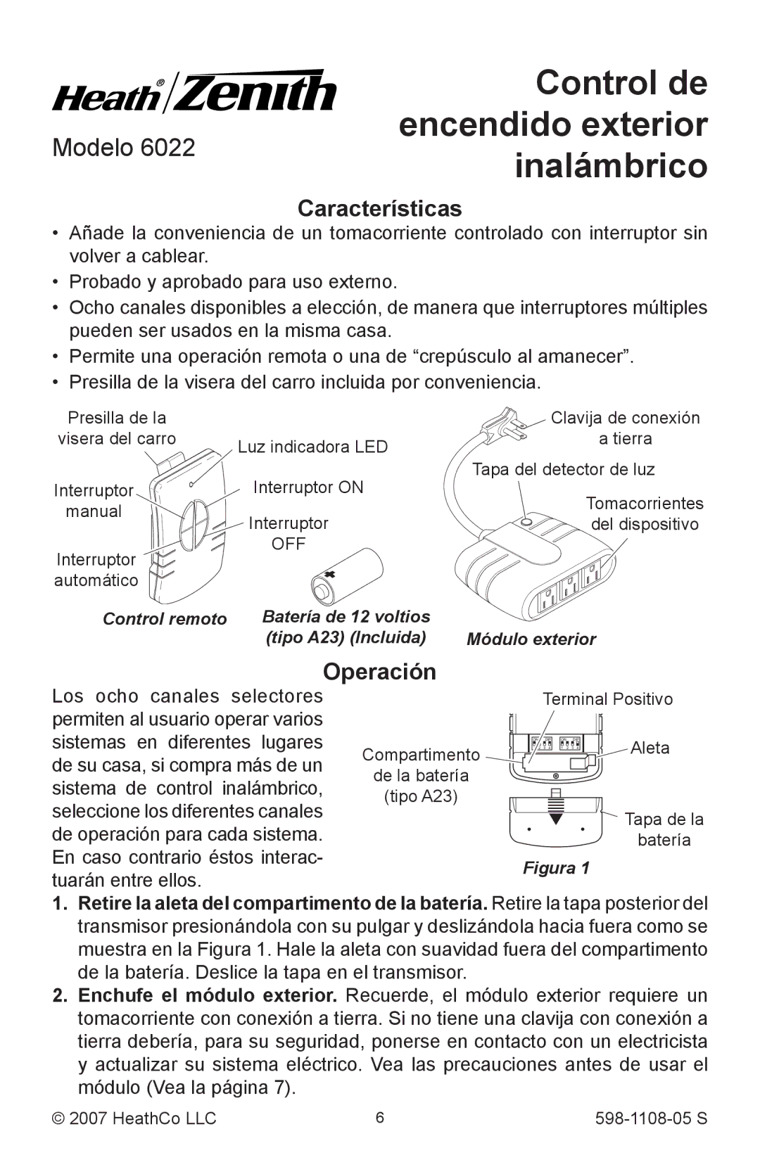 Heath Zenith 6022 manual Características, Operación 