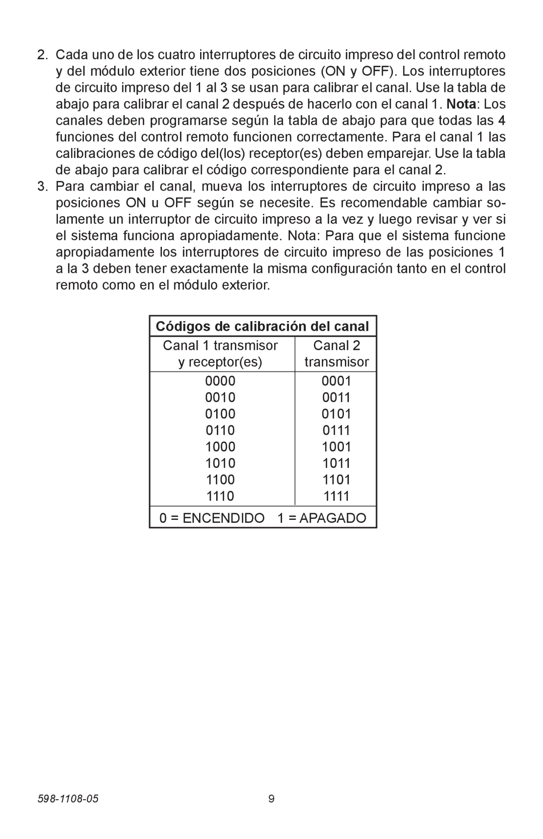 Heath Zenith 6022 manual Códigos de calibración del canal 