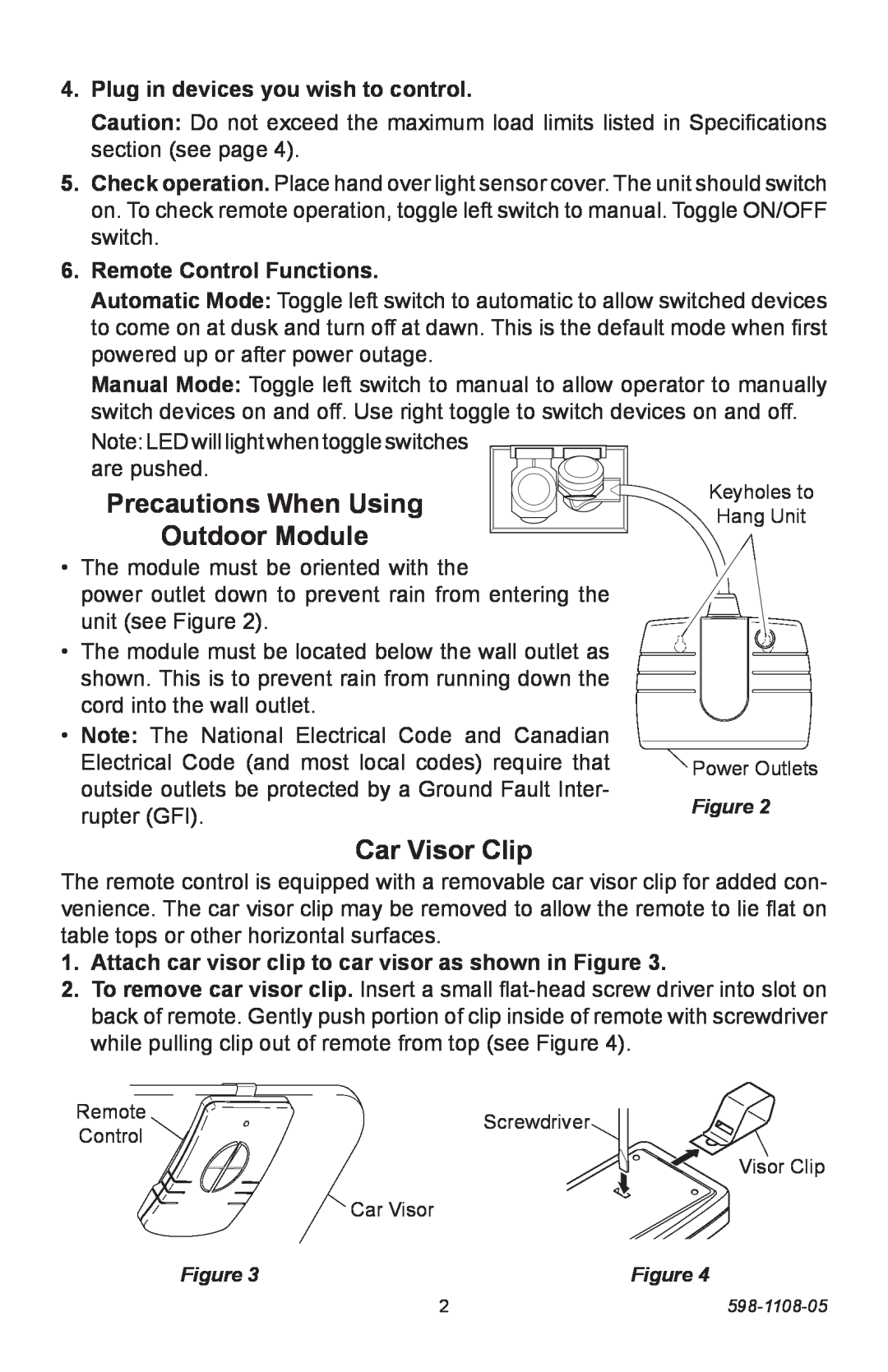 Heath Zenith 6022 manual Precautions When Using Outdoor Module, Car Visor Clip, Plug in devices you wish to control 