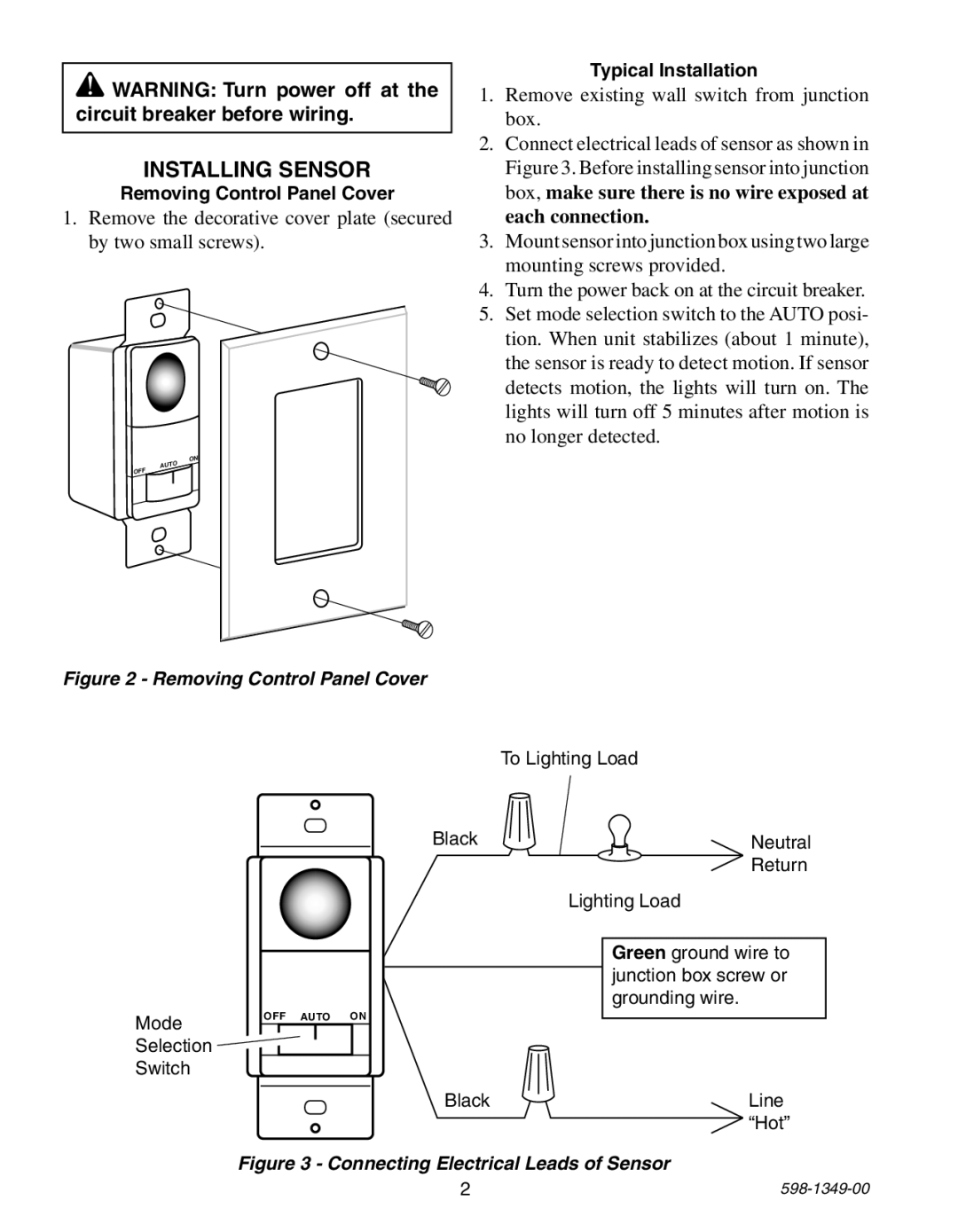 Heath Zenith 6103 manual Installing Sensor, Remove existing wall switch from junction box 