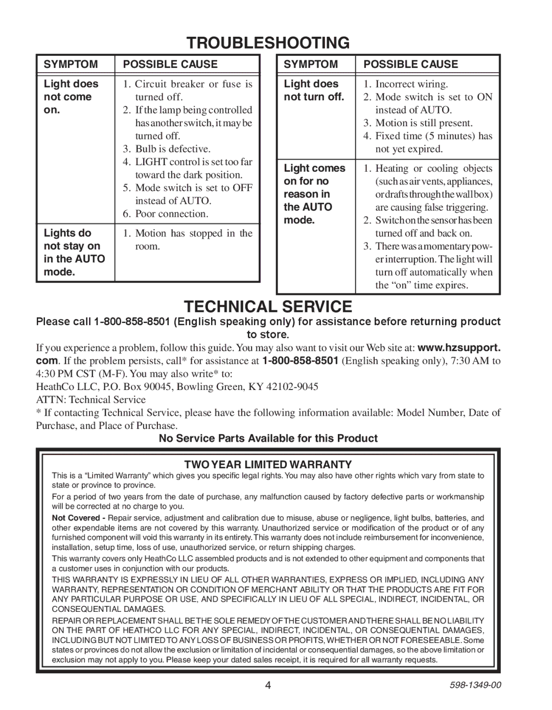 Heath Zenith 6103 manual Troubleshooting, Symptom Possible Cause 