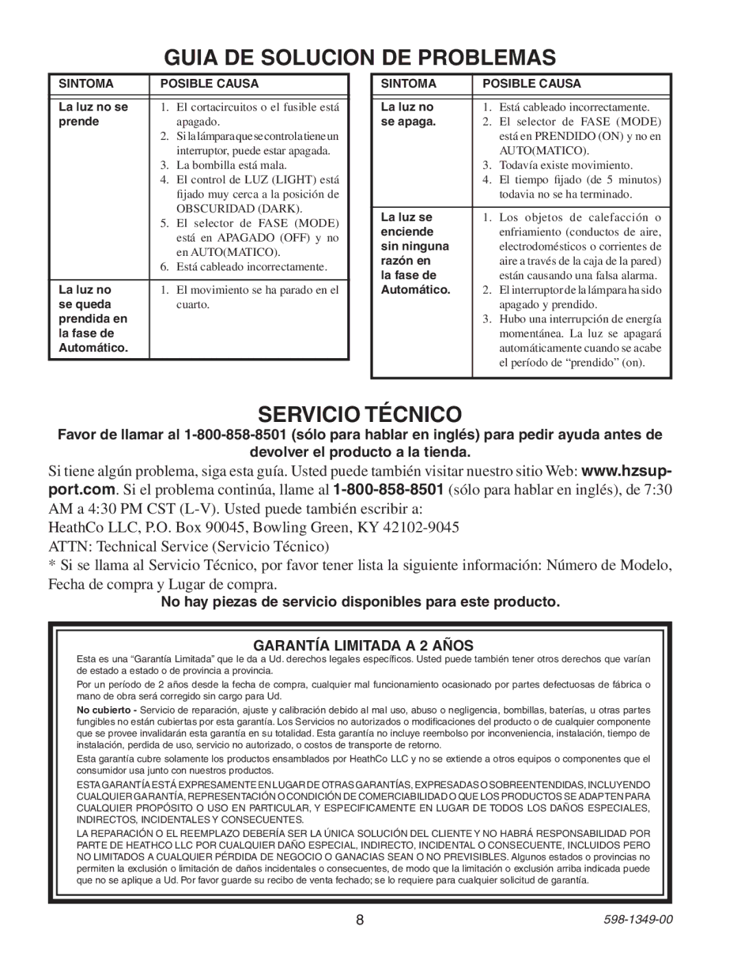 Heath Zenith 6103 manual Guia DE Solucion DE Problemas, Servicio Técnico 