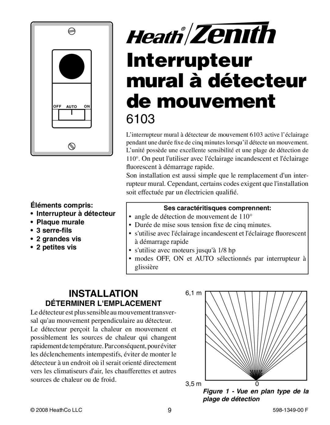 Heath Zenith 6103 manual Interrupteur mural à détecteur, Déterminer Lemplacement 