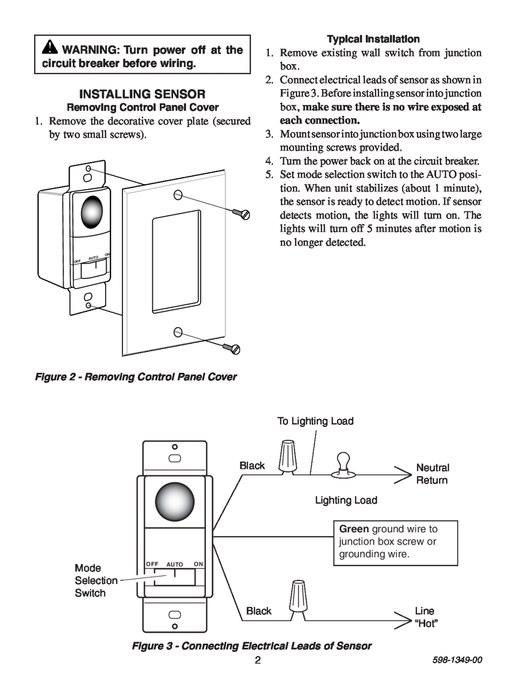 Heath Zenith 6103 manual Installing Sensor, Remove existing wall switch from junction box 