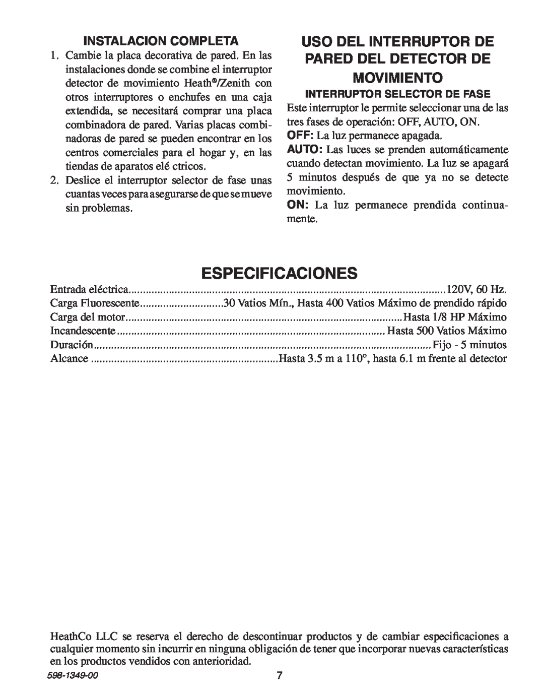 Heath Zenith 6103 manual Especificaciones, Uso Del Interruptor De Pared Del Detector De, Movimiento, Instalacion Completa 