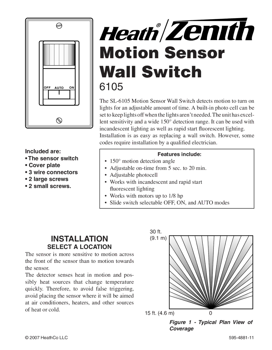 Heath Zenith 6105 manual Motion Sensor Wall Switch, Installation, Select a Location, Features include 