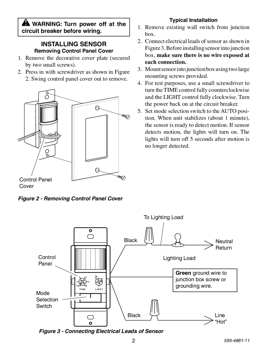 Heath Zenith 6105 manual Installing Sensor, Remove existing wall switch from junction box, Removing Control Panel Cover 