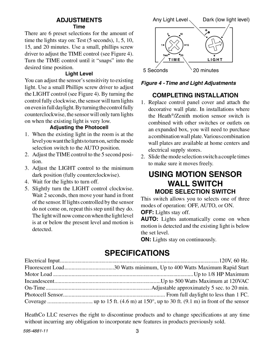 Heath Zenith 6105 manual Specifications, Adjustments, Completing Installation, Mode Selection Switch 