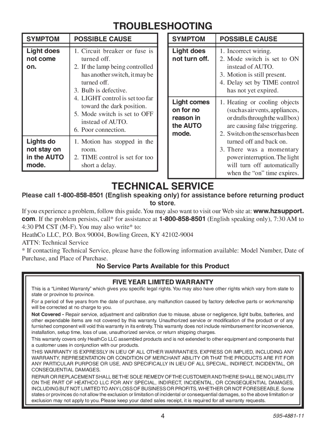 Heath Zenith 6105 manual Troubleshooting, Symptom Possible Cause, Five Year Limited Warranty 