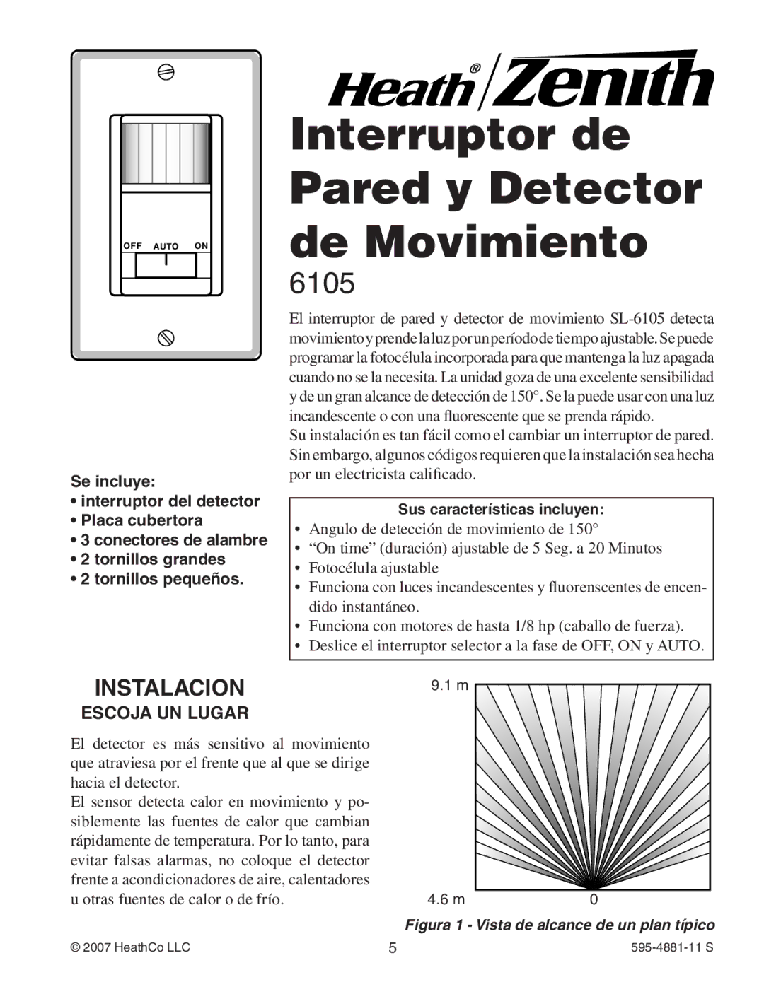 Heath Zenith 6105 manual Interruptor de Pared y Detector de Movimiento, Instalacion, Escoja UN Lugar 