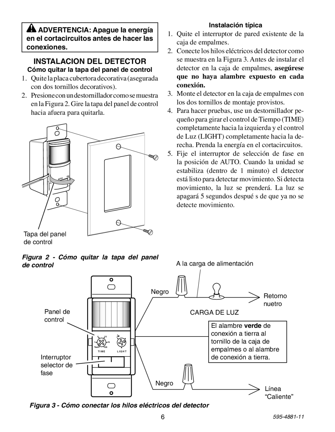 Heath Zenith 6105 manual Instalacion DEL Detector, Cómo quitar la tapa del panel de control, Instalación típica 