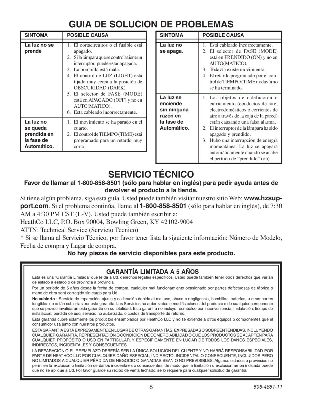 Heath Zenith 6105 manual Guia DE Solucion DE Problemas, Servicio Técnico, Garantía Limitada a 5 Años 